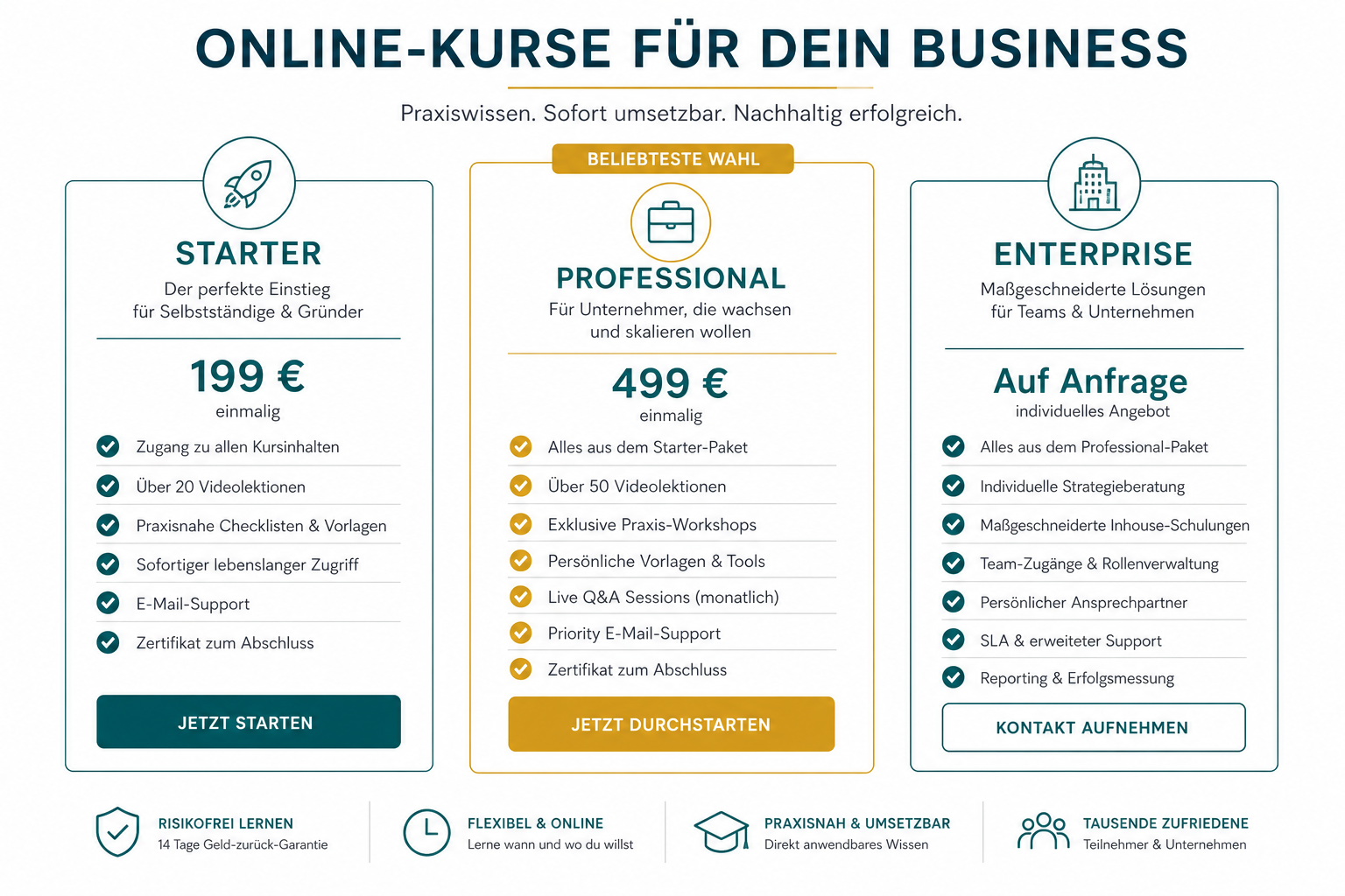 Preisübersicht Starter, Professional, Enterprise